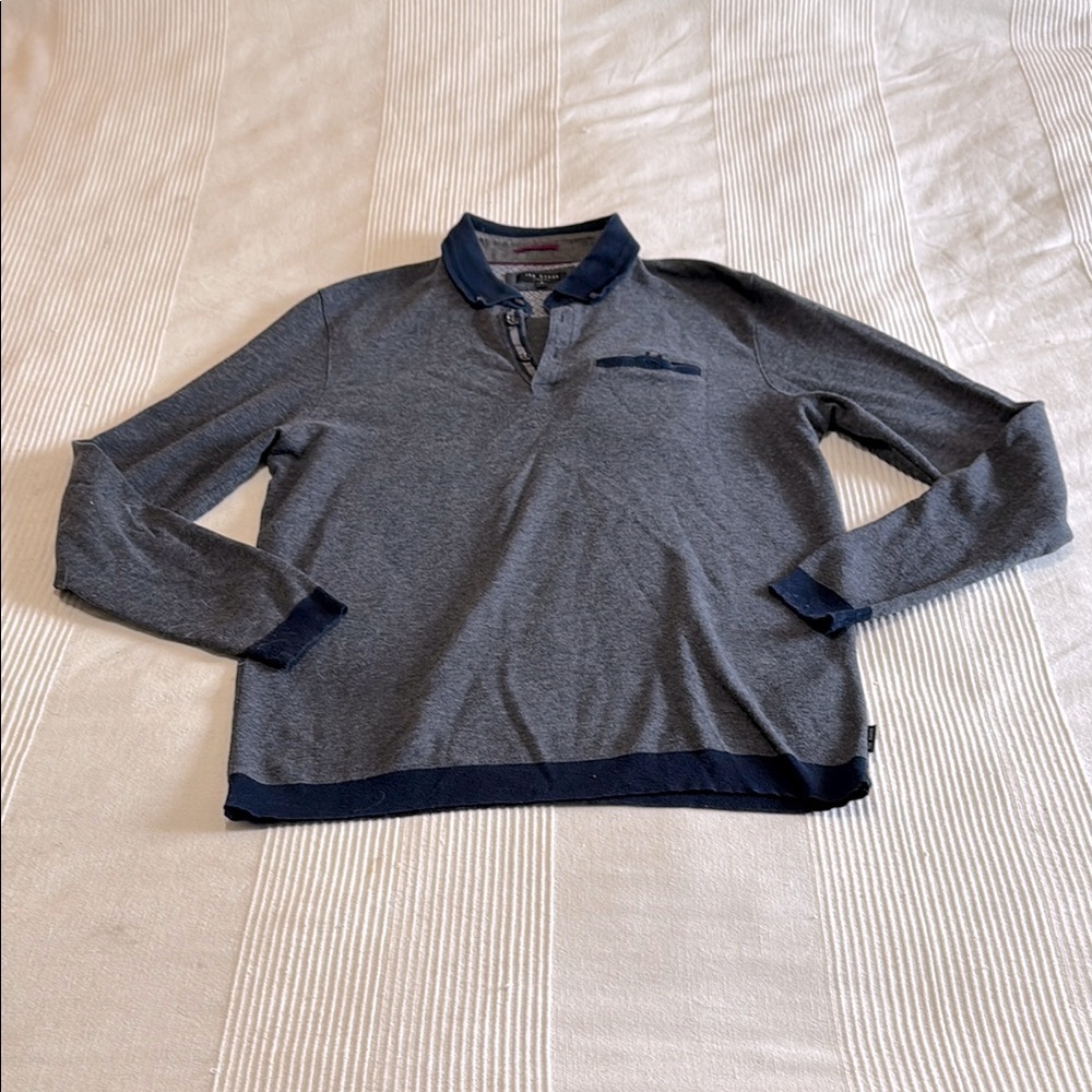 Ted Baker London Chella Heathered Navy Long Sleeve Knit Polo Size Large